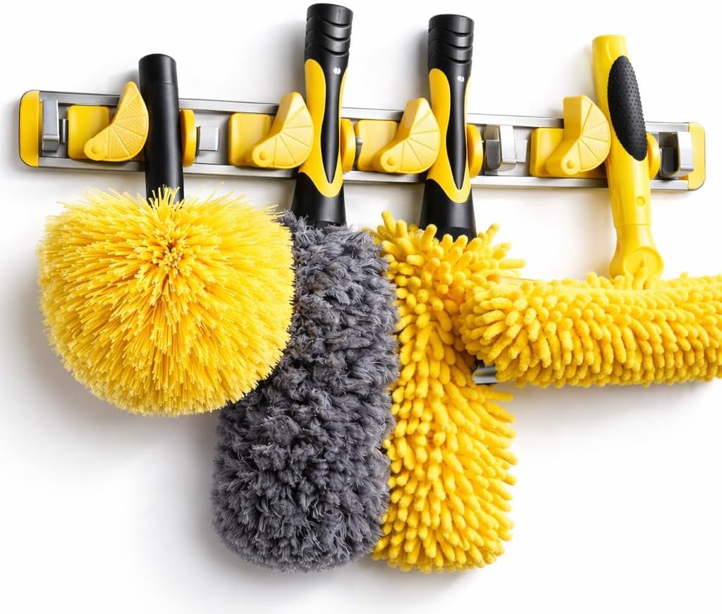 Wall-Mounted Mop and Broom Holder Storage Organizer with Good Grip, Cleaning Tools Hanger for Kitchen, Garden, Laundry Room and Garage, 4 Slots, 5 Hooks