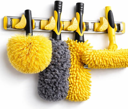 Wall-Mounted Mop and Broom Holder Storage Organizer with Good Grip, Cleaning Tools Hanger for Kitchen, Garden, Laundry Room and Garage, 4 Slots, 5 Hooks
