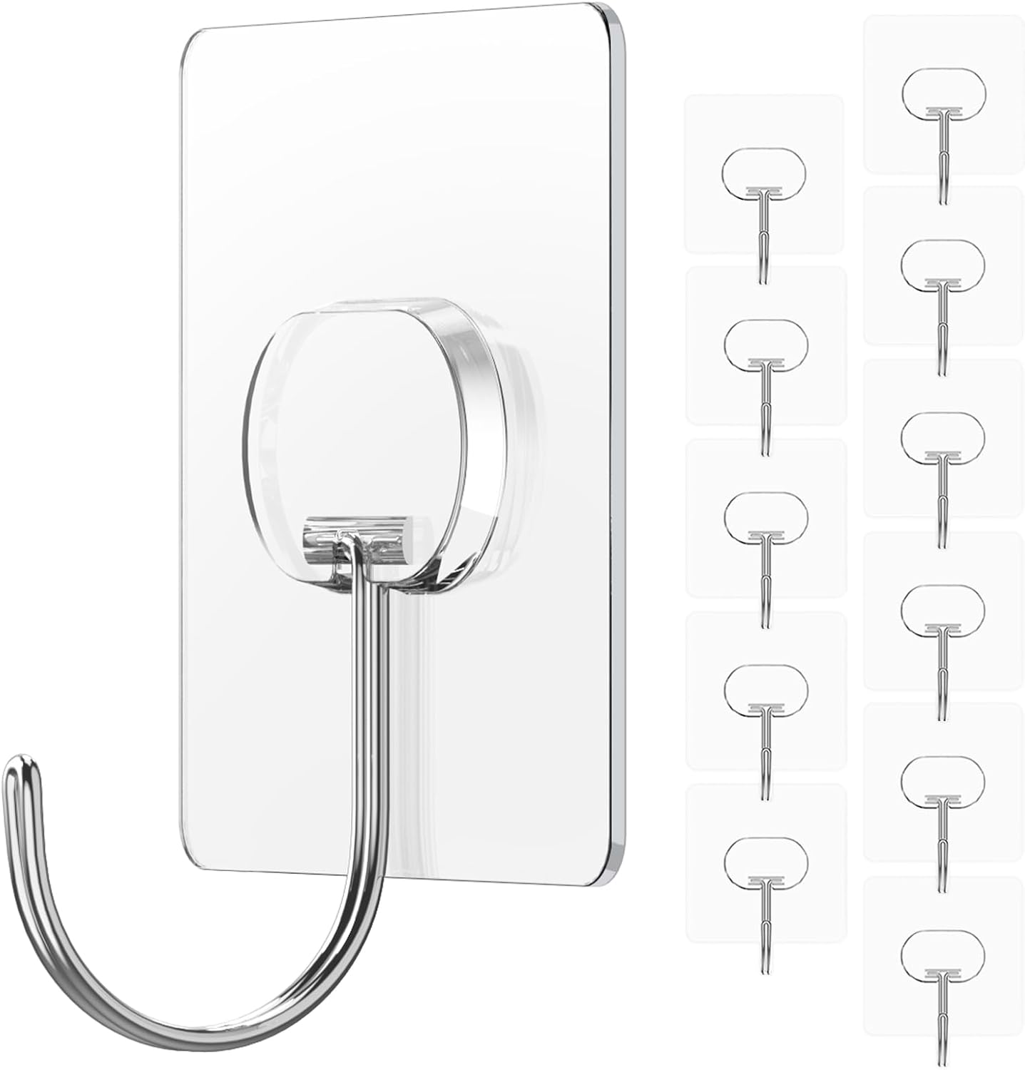 JINSHUNFA Adhesive Wall Hooks 13LB Heavy Duty No Drill Transparent Waterproof Hooks for Bathroom Kitchen Towel Coat 12 Pack