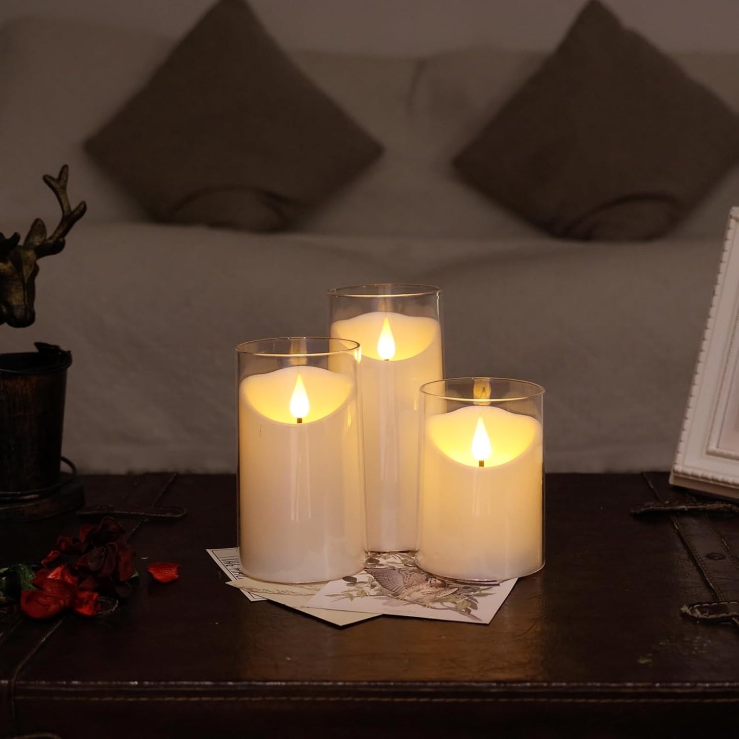 NURADA Flameless Candles with Remote Timer - Glass Real Wax 3D Wick LED Pillar Votive Candle Set Battery Operated Flickering Light for Home Christmas Decoration - White 3 Pack