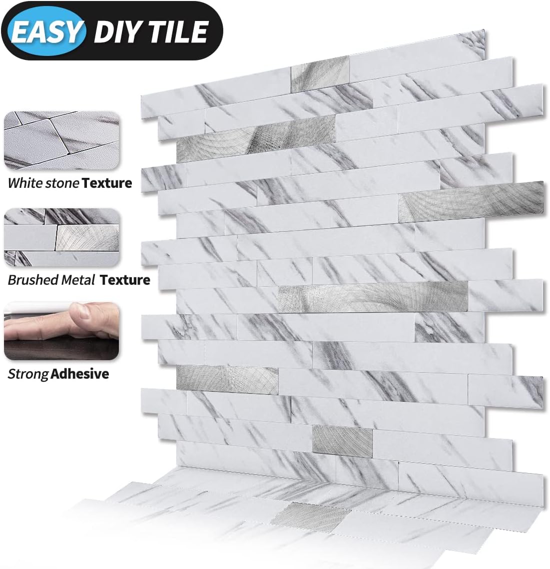 Art3d 10-Sheet Peel and Stick Backsplash Tile for Kitchen Bathroom Fireplace Laundry Room in White Slate with Gold Studded