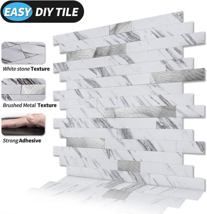 Art3d 10-Sheet Peel and Stick Backsplash Tile for Kitchen Bathroom Fireplace Laundry Room in White Slate with Gold Studded