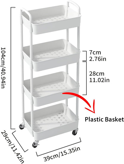 Sywhitta 4-Tier Plastic Rolling Utility Cart with Handle, Multi-Functional Storage Trolley for Office, Living Room, Kitchen, Movable Storage Organizer with Wheels, Black