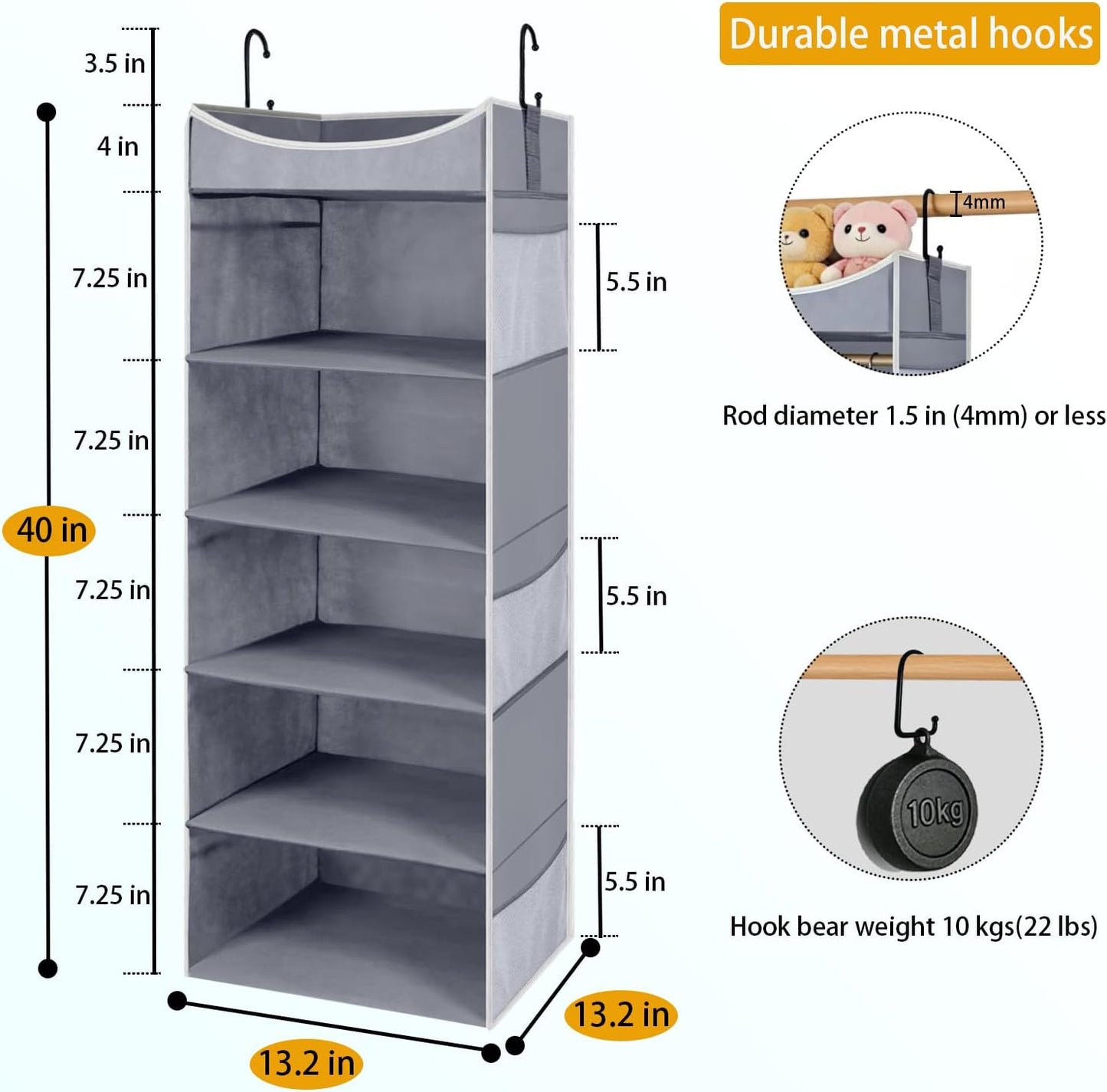 4-Shelf Hanging Closet Organizer and Storage with 4 Side Pockets, Collapsible Closet Hanging Shelves for Storage, Grey