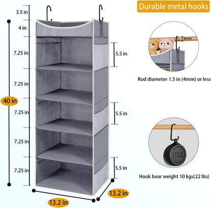 4-Shelf Hanging Closet Organizer and Storage with 4 Side Pockets, Collapsible Closet Hanging Shelves for Storage, Grey