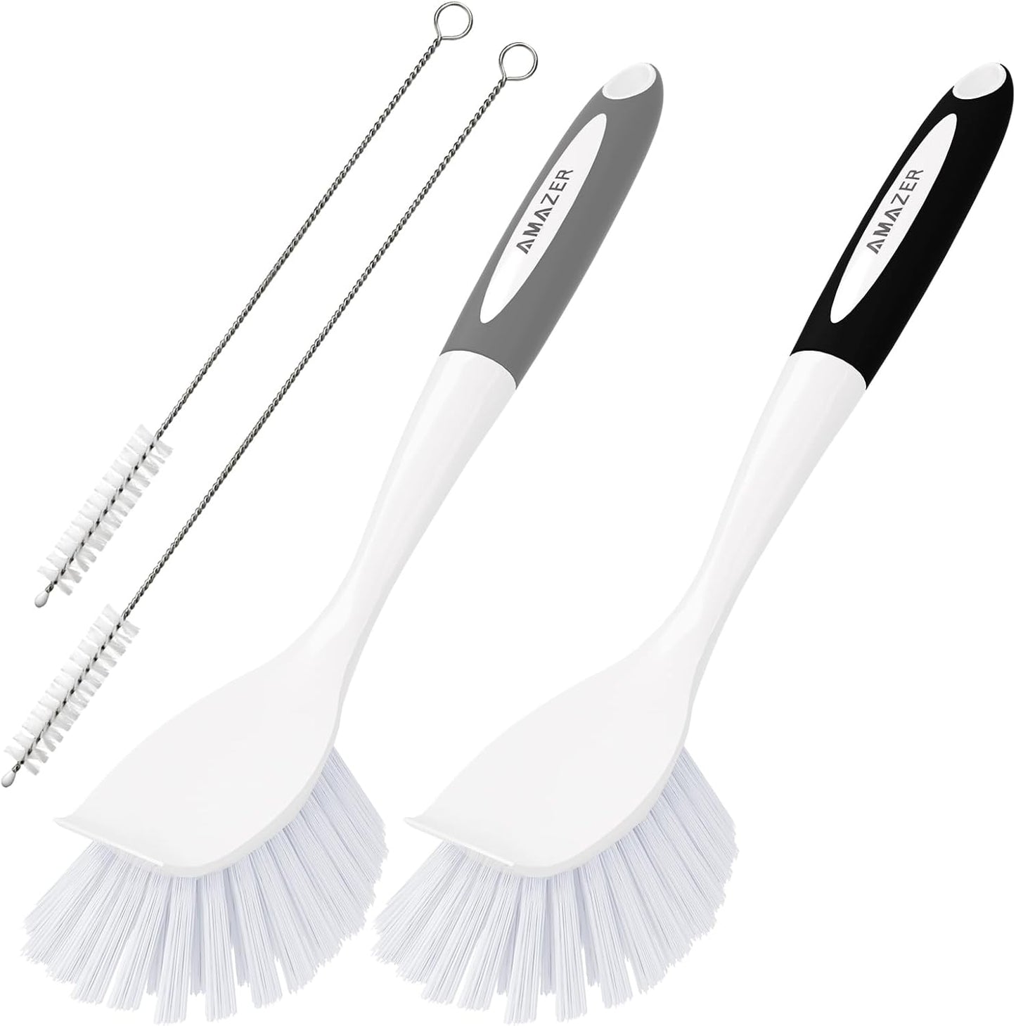 Amazer Dish Brush with Handle, 2 Pack Kitchen Scrub Brushes for Cleaning, Dish Scrubber with Stiff Bristles for Sink, Pots, Pans