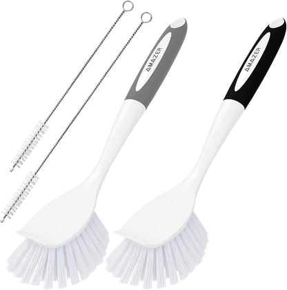 Amazer Dish Brush with Handle, 2 Pack Kitchen Scrub Brushes for Cleaning, Dish Scrubber with Stiff Bristles for Sink, Pots, Pans