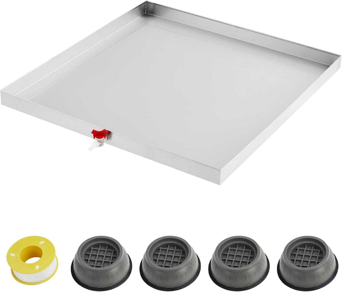 GarveeTech 32 in x 30 in Washing Machine Pan for Washer and Dryer, 304 Stainless Steel Drain Pan, Washer Drip Tray with Drain Hole & Hose Adapte, 4 Pcs Anti-Vibration Washing Machine Feet