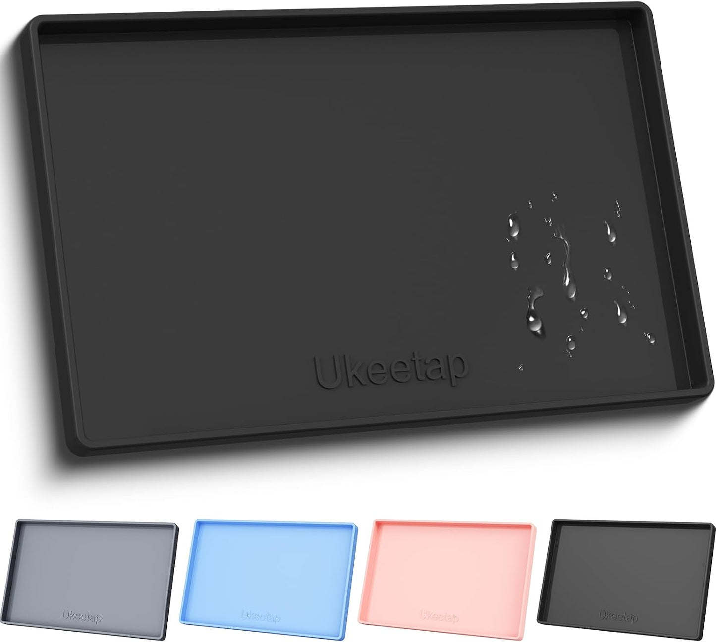 ukeetap Extra Thick Silicone Mat Waterproof with Raised Edge 19” x 12”, BPA Free Non-Slip Dog & Cat Food Mat, Feeding Mat for Food and Water Bowls, Spill Proof Mat to Protect Floors, Black