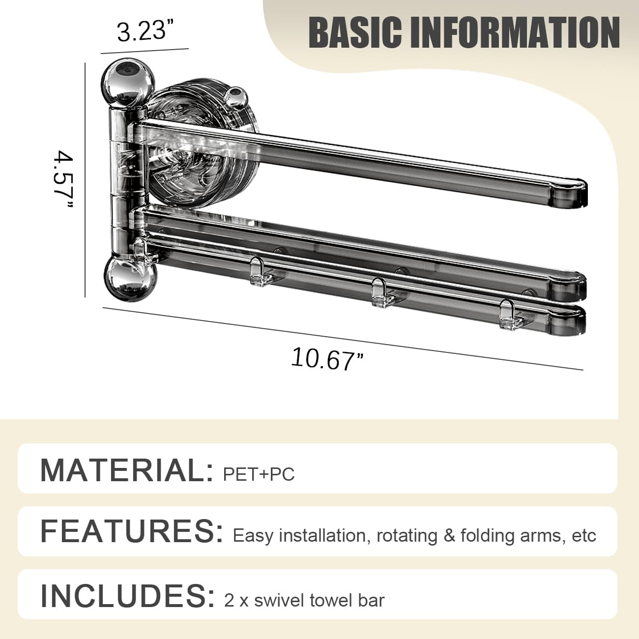 2PCS Swivel Suction Cup Towel Bar 3 Swing Arms 270°Rotation Wall Mounted Cloth Drip Dry Holder Multifunctional Storage Rack for Bathroom and Kitchen Accessories Beige