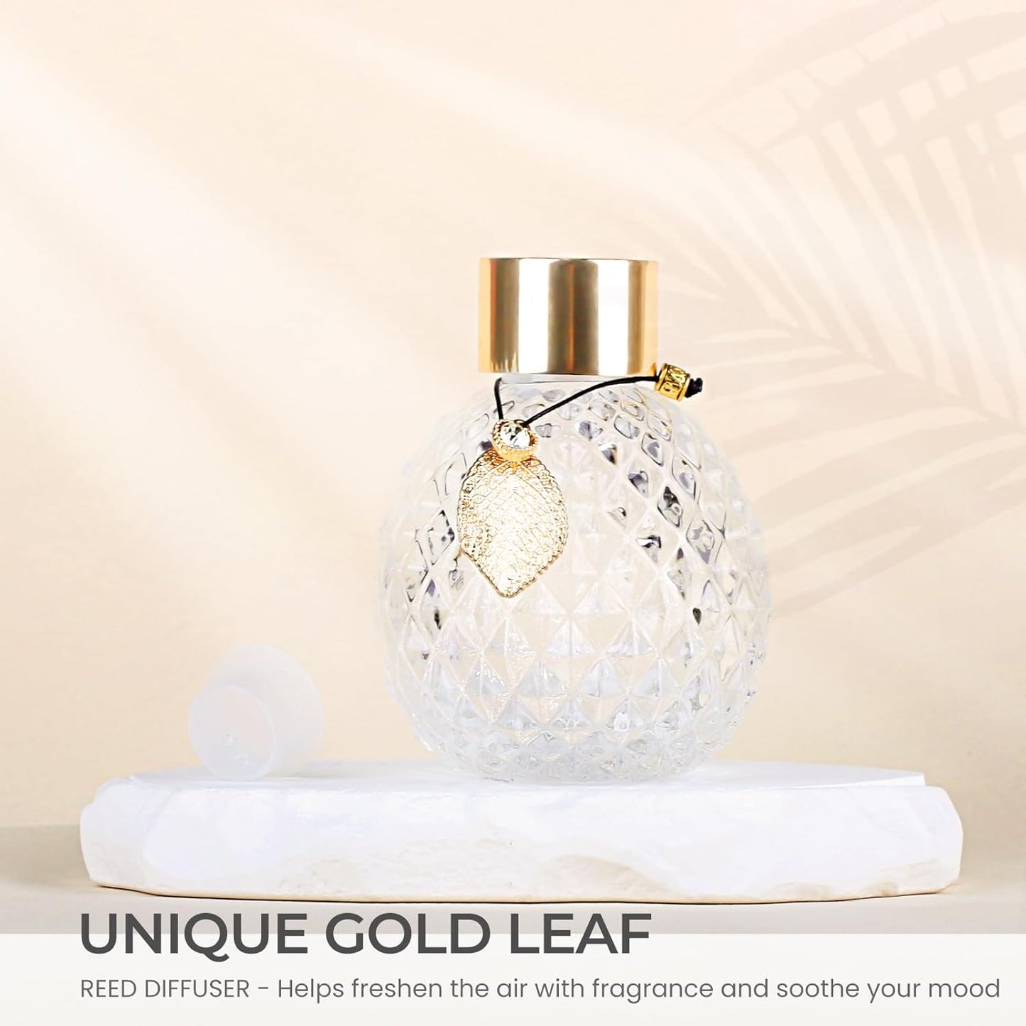 4-Piece Reed Diffuser Set with Metal Golden Decoration, 3.5-4.2oz Empty Bottles and 20 Reed Sticks, Unique Design for Home and Office (4 Different Bottles)