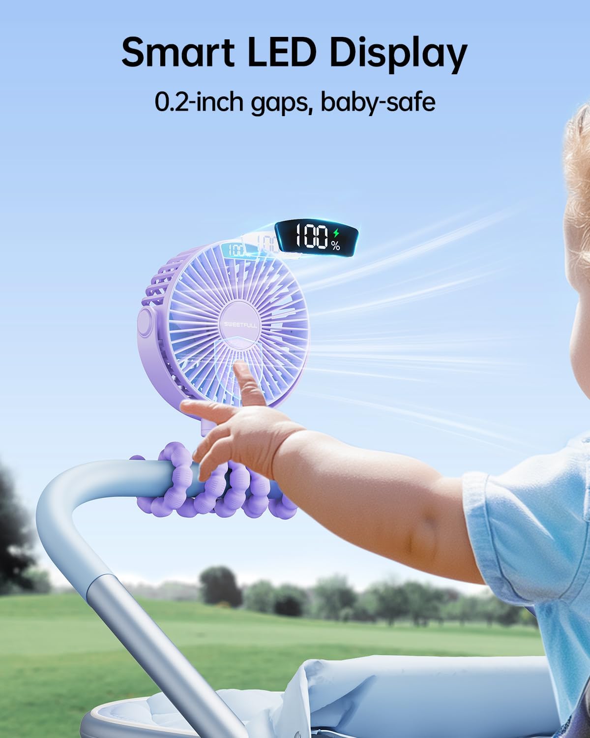 SWEETFULL [2026 Upgrade Portable Stroller Fan with LED Display, 4 Speed Rechargeable Mini Clip On Fan, 360° Rotate Flexible Tripod Better Cooling Small Baby Fan for Car Seat Crib Travel Treadmill