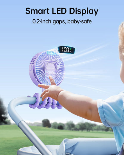 SWEETFULL [2026 Upgrade Portable Stroller Fan with LED Display, 4 Speed Rechargeable Mini Clip On Fan, 360° Rotate Flexible Tripod Better Cooling Small Baby Fan for Car Seat Crib Travel Treadmill
