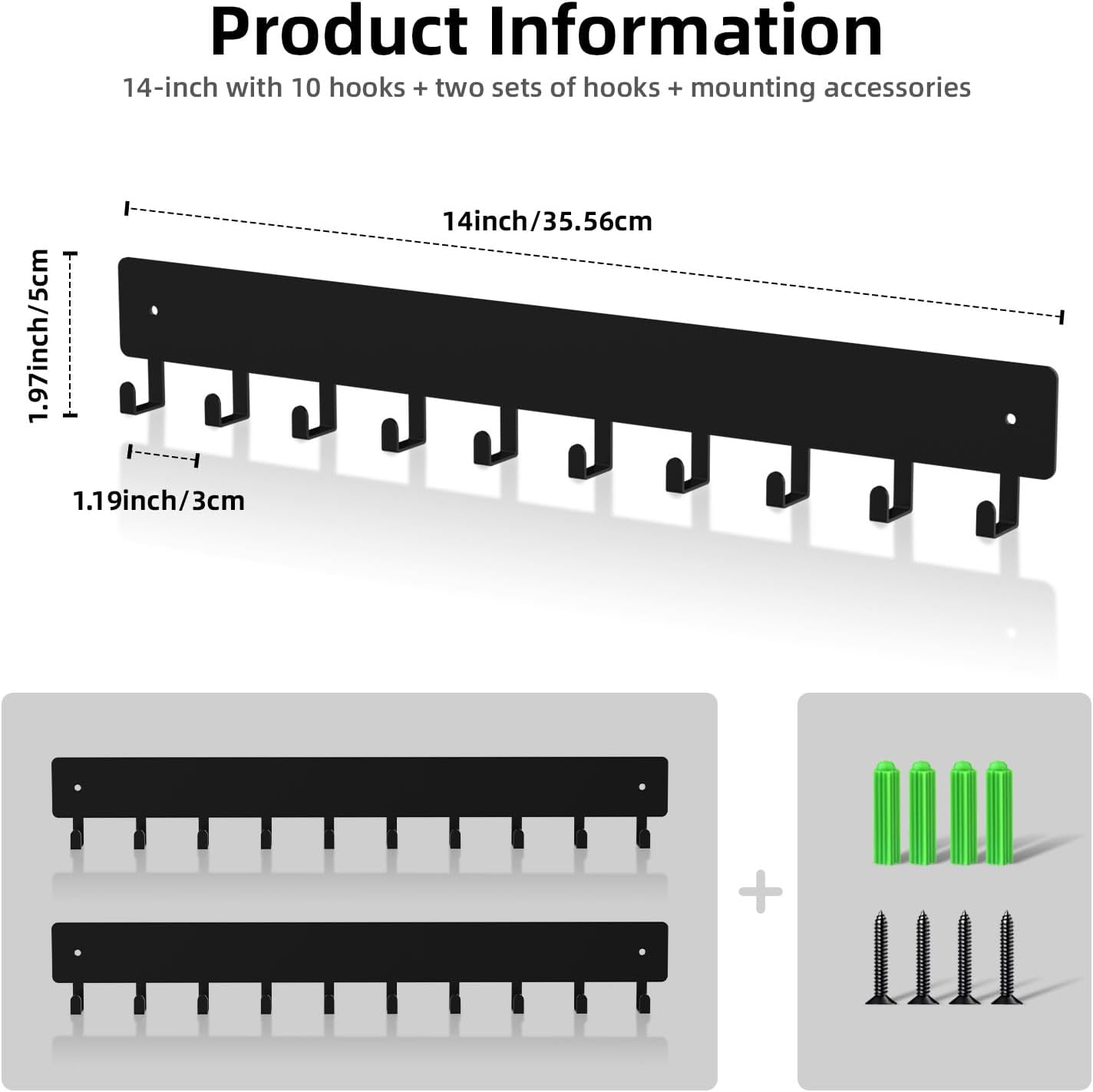 Key Holder Wall Mount,14in with 10 Hooks,Black Metal Key Hanger for Car Key Ring,Suitable for Entrances/Door/Living Rooms/Kitchen/Offices（2 Sets）