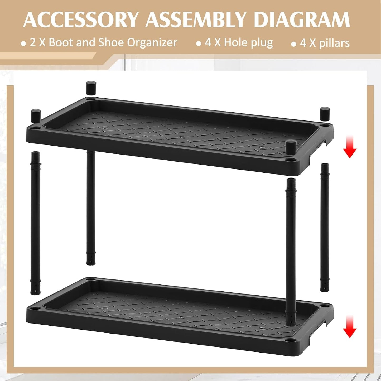 Cinnvoice Boot Tray Rack for Entryway Plastic Waterproof Shoe Mat Tray Large Storage Shelf for Indoor Outdoor Entryway Hallway Closet Use in All Seasons Black(28" d X 14.5" w X 29" h)