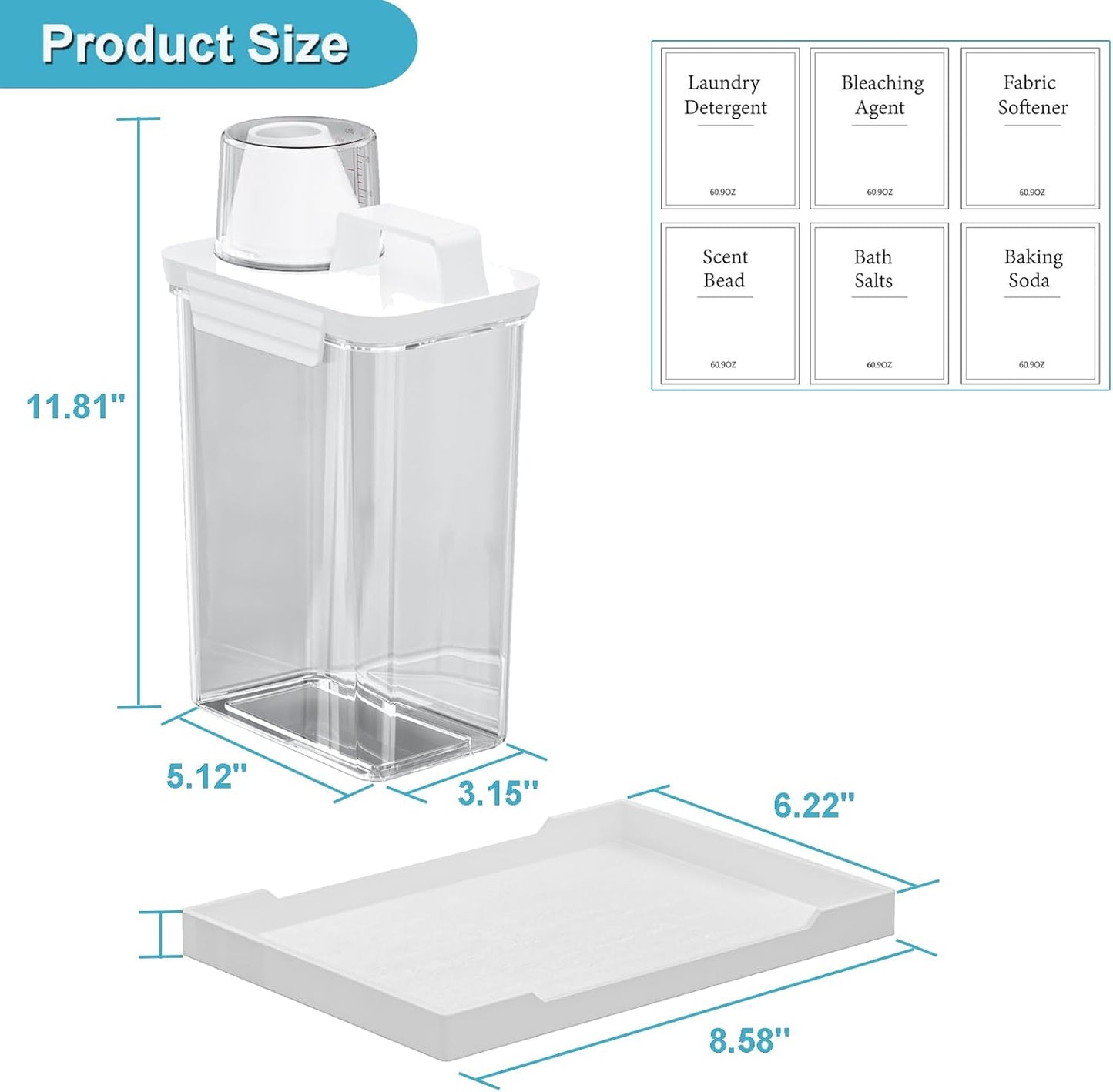 61OZ Laundry Detergent Dispenser Container, 2 Pack Liquid Laundry Dispenser, Plastic Detergent Dispensers for Laundry Powder/Fabric Softener with Tray 6 Labels, Clear