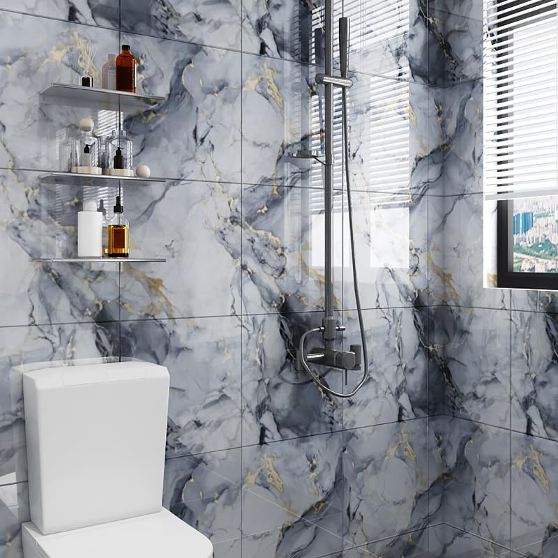 10pcs Peel and Stick Tile Shower Waterproof Marble Tiles Wall Panels, 11.8"x11.8" Self-Adhesive Backsplash Tile, PVC Wall Panels Shower Tiles for Home Bathroom, Kitchen, Living Room Blue