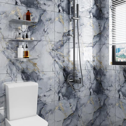 10pcs Peel and Stick Tile Shower Waterproof Marble Tiles Wall Panels, 11.8"x11.8" Self-Adhesive Backsplash Tile, PVC Wall Panels Shower Tiles for Home Bathroom, Kitchen, Living Room Blue