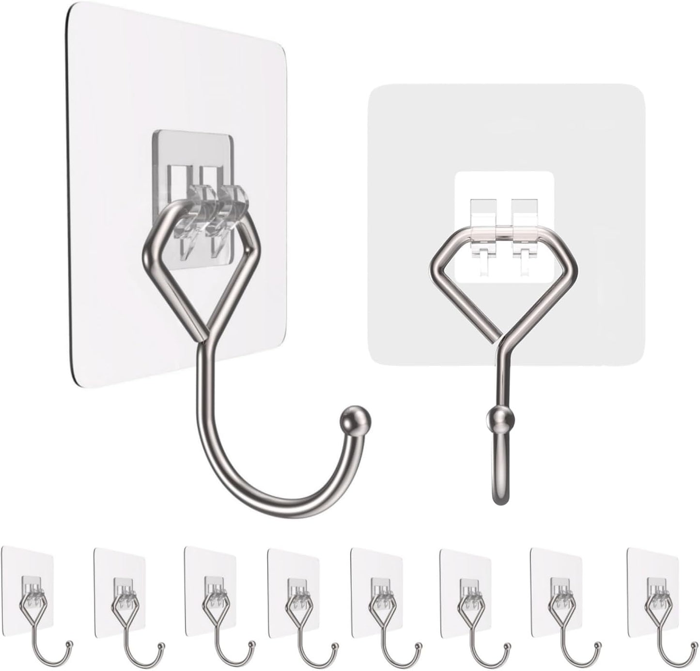 Large Adhesive Hooks 44Ib(Max), Wall Hooks Self-Adhesive Traceless Clear and Removable, Waterproof and Rustproof Hooks for Hanging for Home Bathroom Kitchen Office and Outdoor, 10-Pack