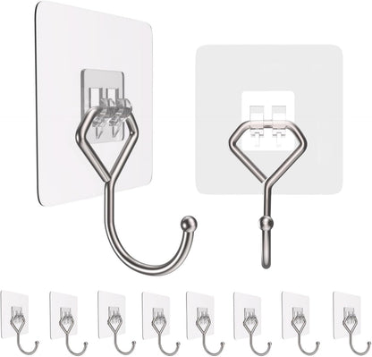 Large Adhesive Hooks 44Ib(Max), Wall Hooks Self-Adhesive Traceless Clear and Removable, Waterproof and Rustproof Hooks for Hanging for Home Bathroom Kitchen Office and Outdoor, 10-Pack