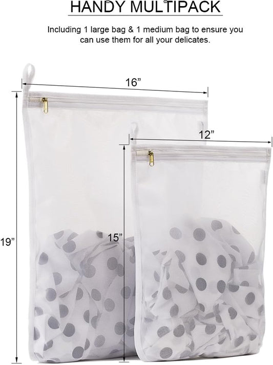 TENRAI Delicates Laundry Bags, Bra Fine Mesh Wash Bag for Underwear, Lingerie, Bra, Pantyhose, Socks, Use YKK Zipper, Have Hanger Loops (White, 1 Large & 1 Medium)
