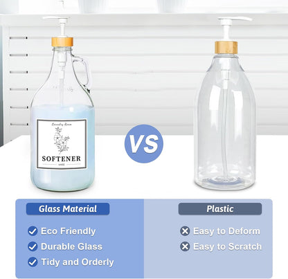 2 Pcs Glass Laundry Detergent Dispenser Bottle, Liquid Laundry Soap Dispenser for Laundry Room, 64oz Detergent Bleach Softener Dispenser for Farmhouse Decor, Includes Bamboo Pumps Tray Funnel Labels