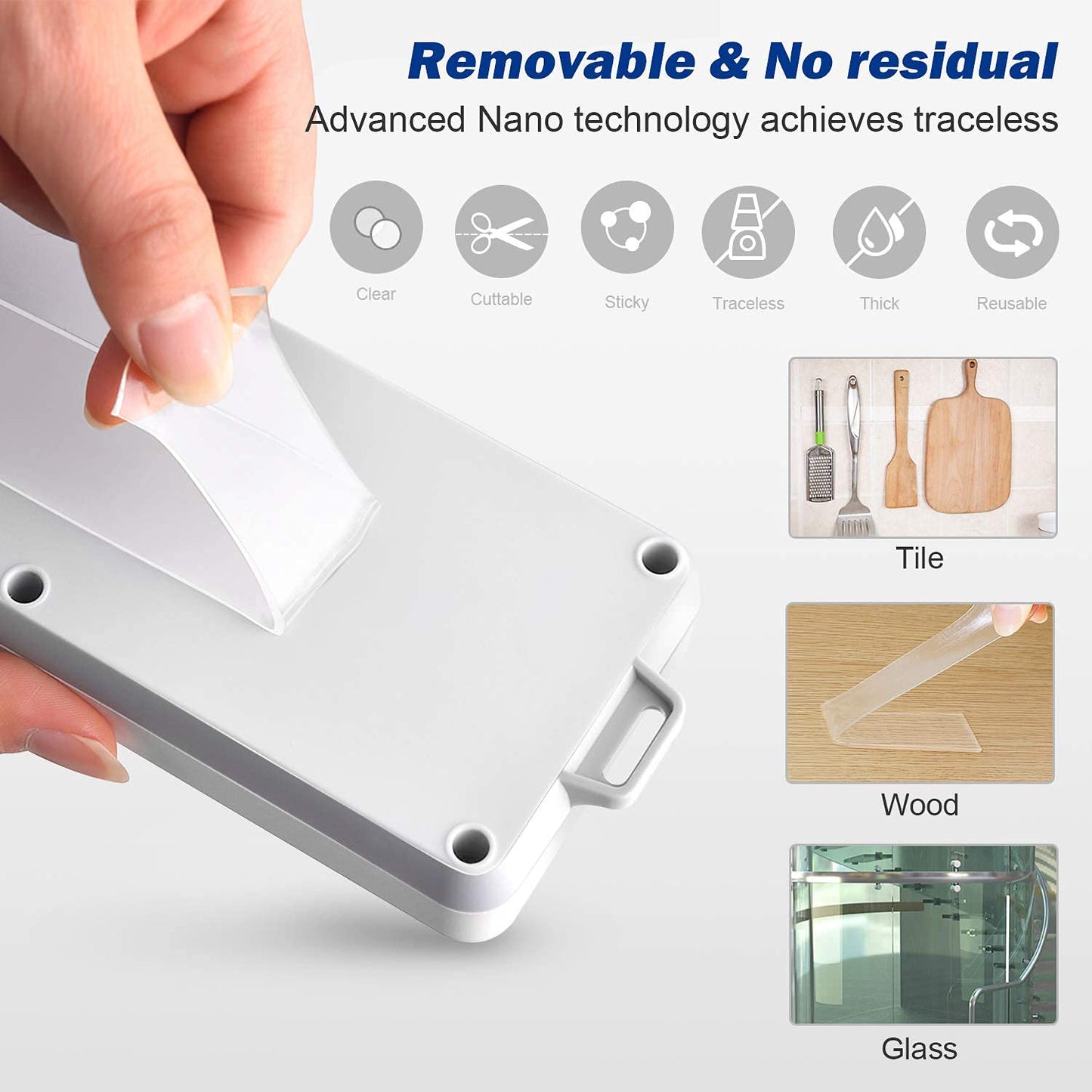 Double Sided Adhesive Tape Heavy Duty (9.85ft), Nano Washable Removable Gel Grip Tape, Clear Sticky Tape for Wall, Fix Carpet Photo Frame