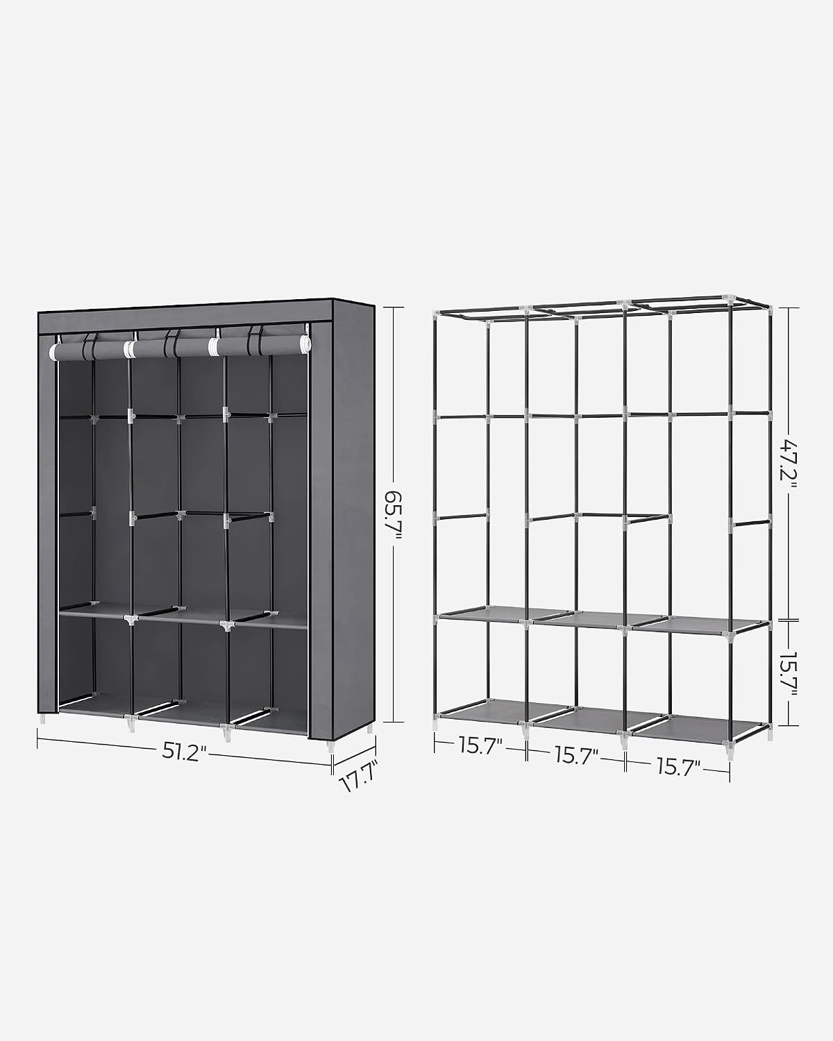 SONGMICS Portable Closet, Wardrobe Closet Organizer with Cover, 3 Hanging Rods and Shelves, 4 Side Pockets, 51.2 x 17.7 x 65.7 Inches, Large Capacity for Bedroom, Living Room, Ink Black URYG092B02