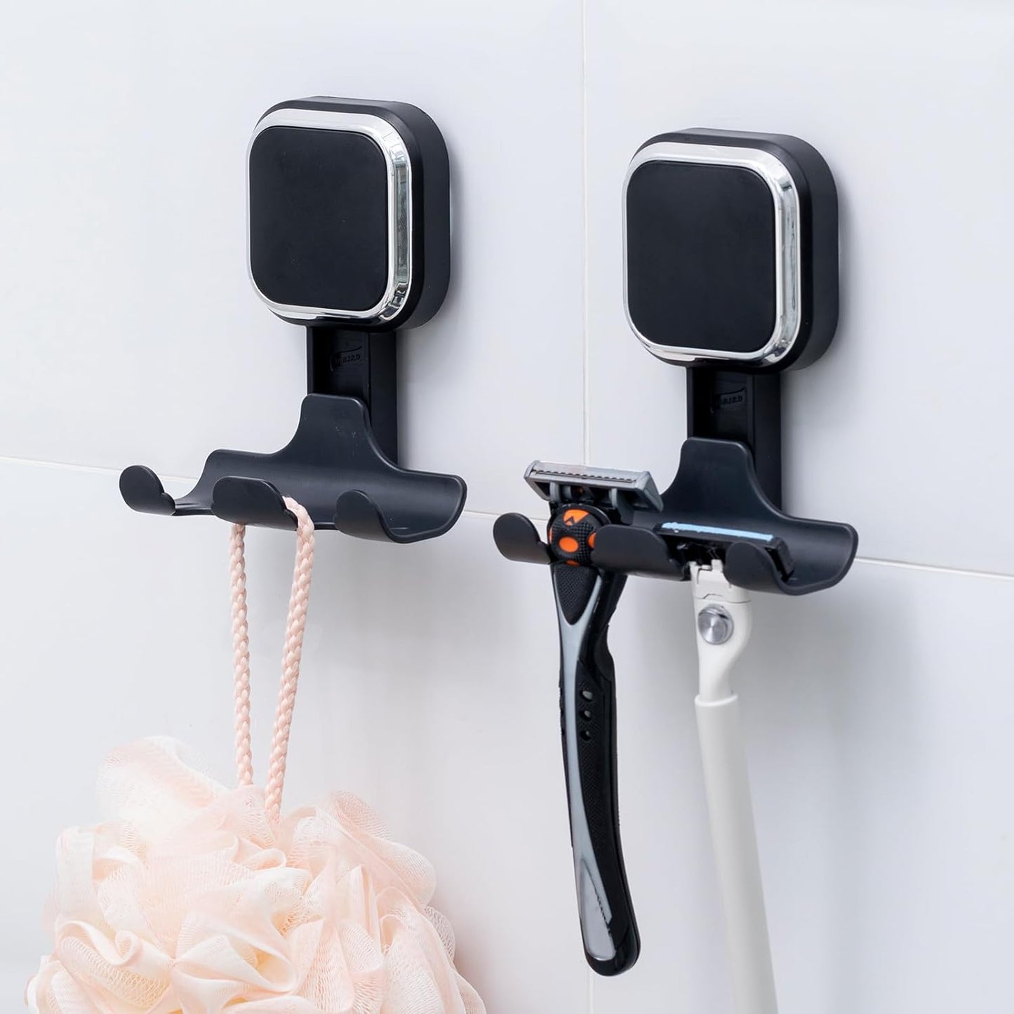 LEVERLOC Razor Holder for Shower 2 Pack, Powerful Suction Cup Shower Hooks for Towel, Loofah, Razor, Squeegee, Damage-Free Wall Hooks, Shaver Holder for Bathroom, Easy to Install and Reuse, White