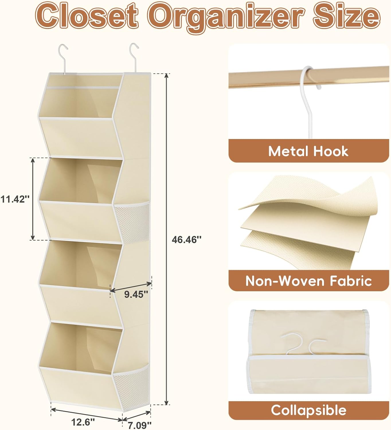Hanging Closet Organizer 4 Shelf Collapsible Bedroom Closet Organizers and Storage Hanging with Mesh Pockets for Clothes, Fabric Hanging Storage Bins for Wardrobe Closet Organization and Storage, Grey