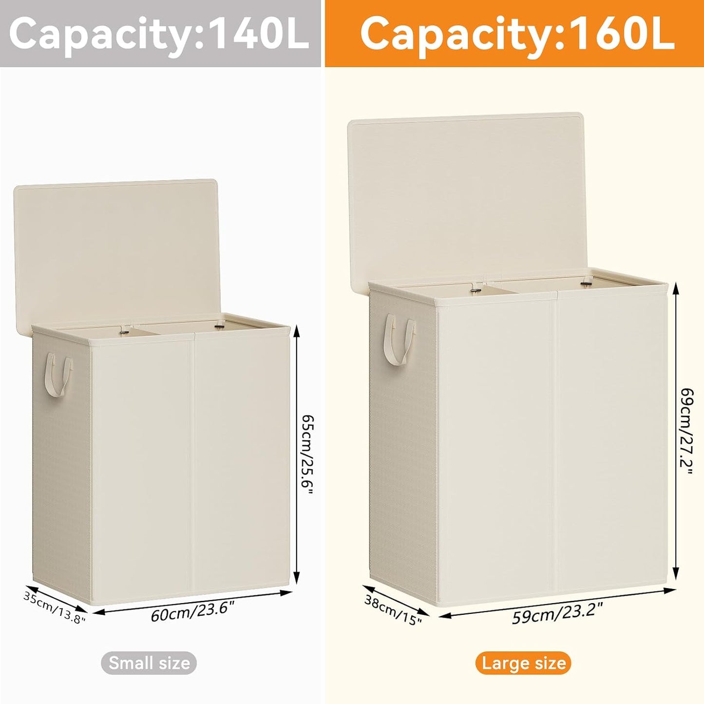 Chrislley 140L Laundry Hamper 2 Section, Double Laundry Basket with Lid, Large Dirty Clothes Hamper with Removable Liner Bags, Collapsible Laundry Organizer for Bedroom, Dorm,Beige