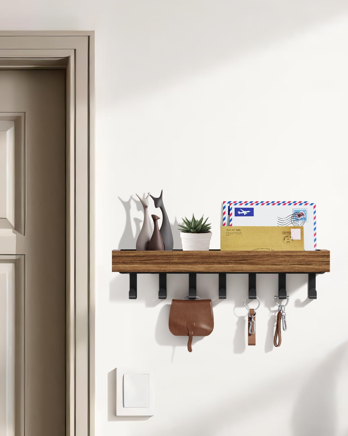 Key Holder Wall Mount Adhesive Magnetic - Hanging Key Hooks with Mail Organizer for Wallet House Accessories - Keys Hanger Rack with Shelf for RV Camper Entryway Door Home Living Room Decor Black