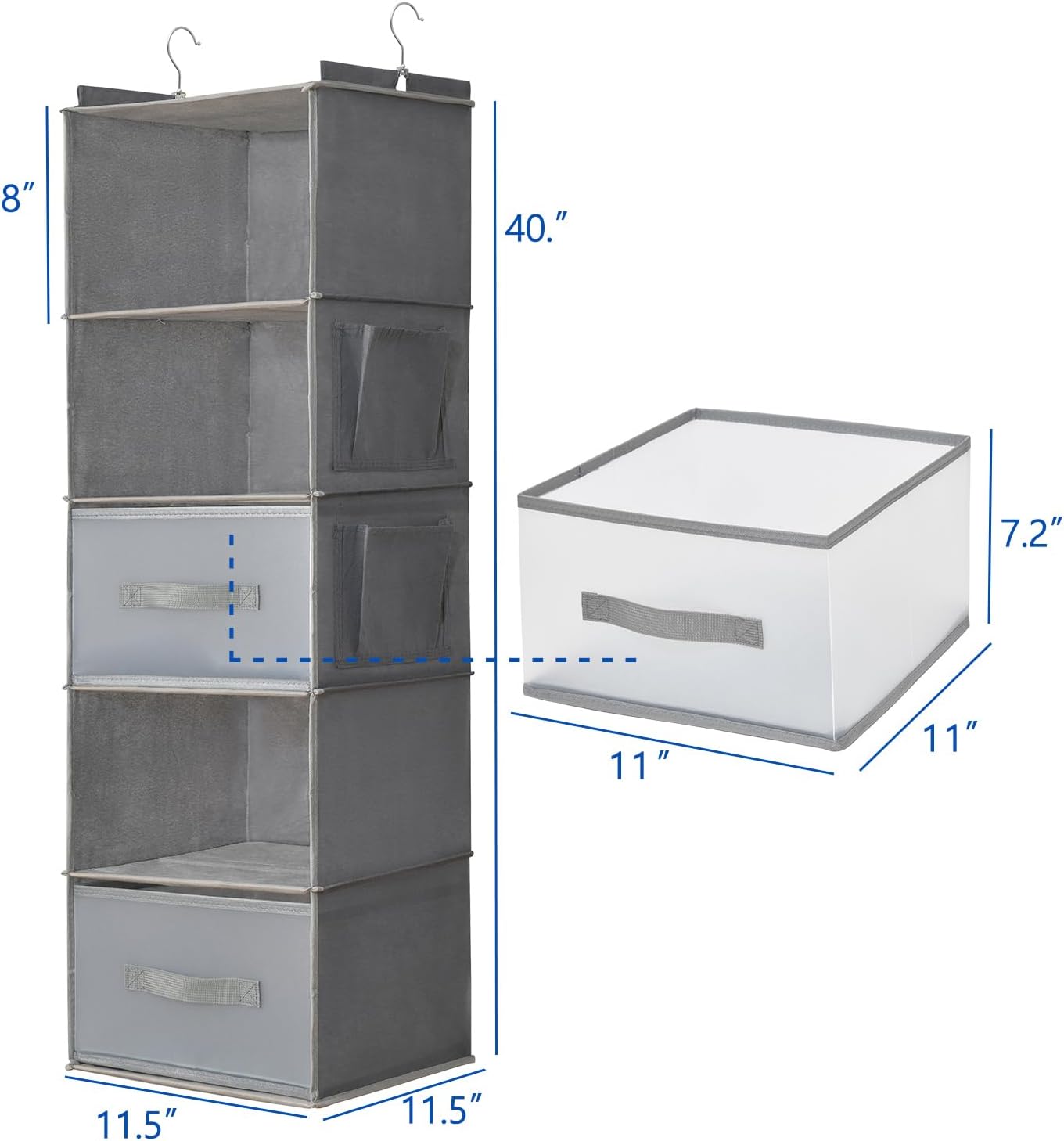 6-Shelf Hanging Closet Organizer with 3 Drawers & Side Pockets, Gray | Non-woven fabric, tool-free setup, ideal for bedrooms/dorms/RVs, 3 foldable transparent drawers for easy access