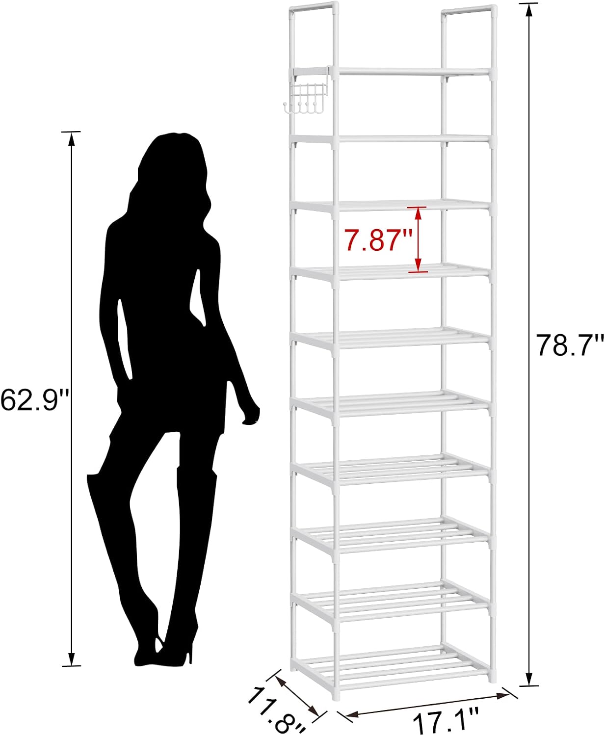 Narrow Shoe Rack 10 Tiers Tall Shoe Rack for Entryway Closet 20 24 Pairs Shoe & Boots Organizer Storage Shelf Durable Black Metal Stackable Shoe Cabinet with Hooks, 17.1D x 11.8W x 78.7H in