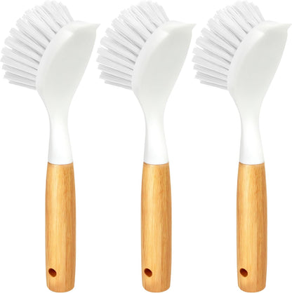 Holikme 3 Pack Dish Brush Set with Bamboo Handle, Kitchen Brushes for Cleaning Pot, Sink and Stove, Skillet Scrubber with Tough Bristles for Cast Iron Grill Pan, White Yellow Black