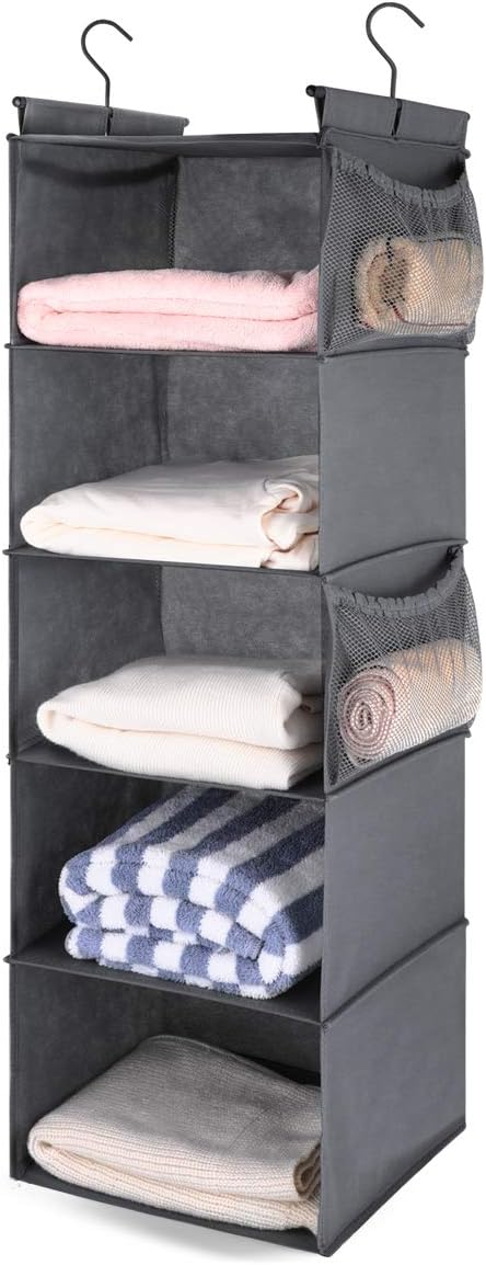 MAX Houser 4-Shelf Hanging Closet Organizer, Space Saver, Cloth Hanging Shelves with 2 Side Pockets, Foldable (Beige)