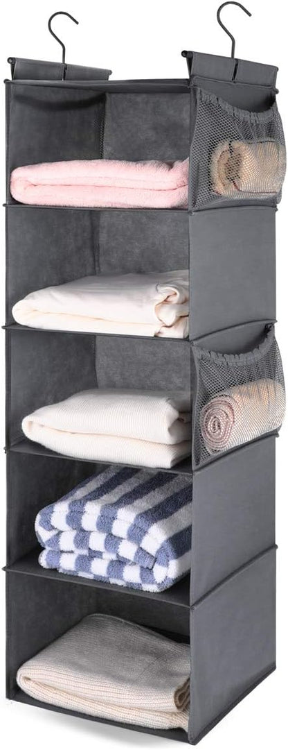 MAX Houser 4-Shelf Hanging Closet Organizer, Space Saver, Cloth Hanging Shelves with 2 Side Pockets, Foldable (Beige)