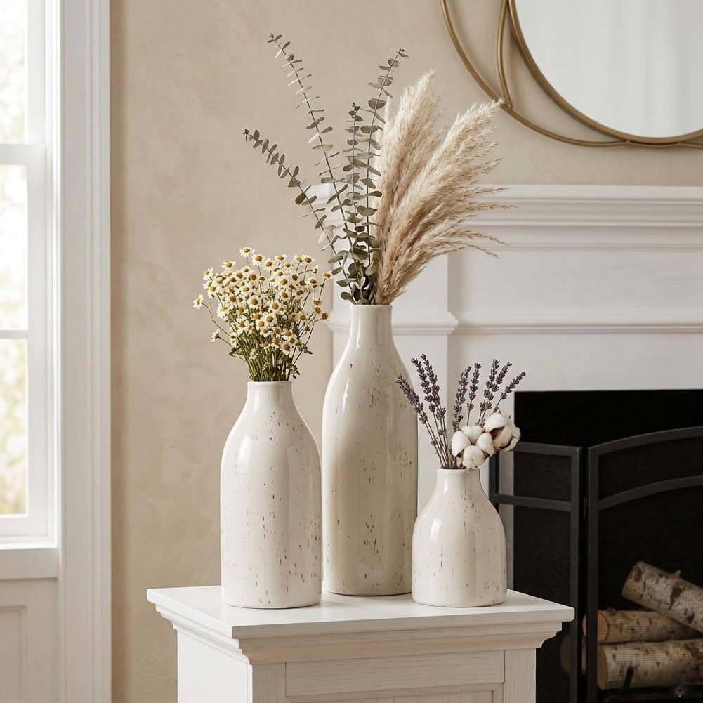 Ceramic Vase Set of 3, Small Flower Neutral Vases Home Decor, Pottery Rustic Farmhouse Decorative Vases, Modern Decor for Table Mantel Entryway Bookshelf Living Room Kitchen Bedroom