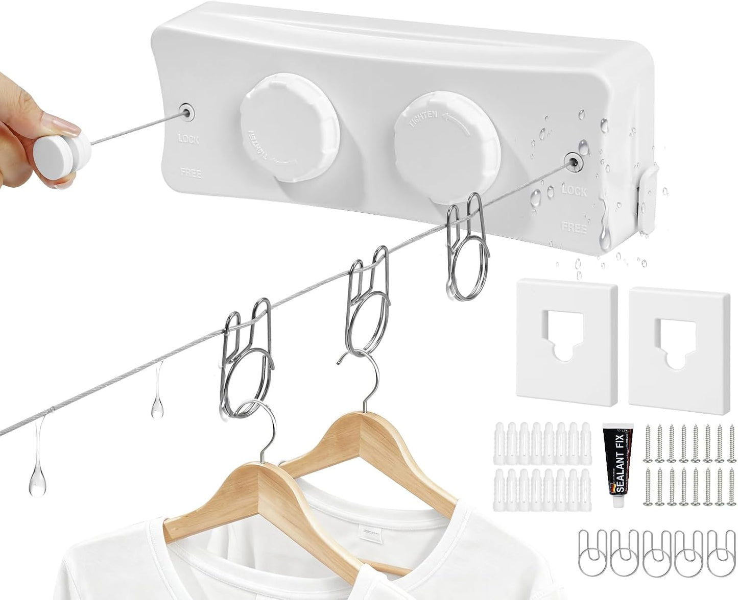 Retractable Clothesline 16.7 ft – Heavy-Duty 44 lb, Rust-Proof Stainless Steel, Wall-Mounted Indoor/Outdoor Laundry Line, Easy Install for Bathroom, Balcony & Apartment (White, Single Line)