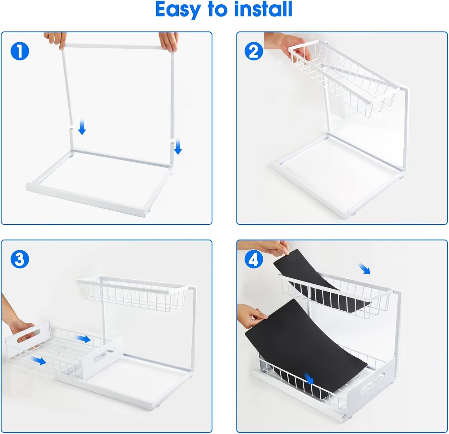Under Sink Organizer, 2 Tier Pull-Out Cabinet Storage Shelf, Rust-Resistant Metal Organizer for Kitchen Bathroom Laundry Room, No Tools Installation, 1 Pack Black