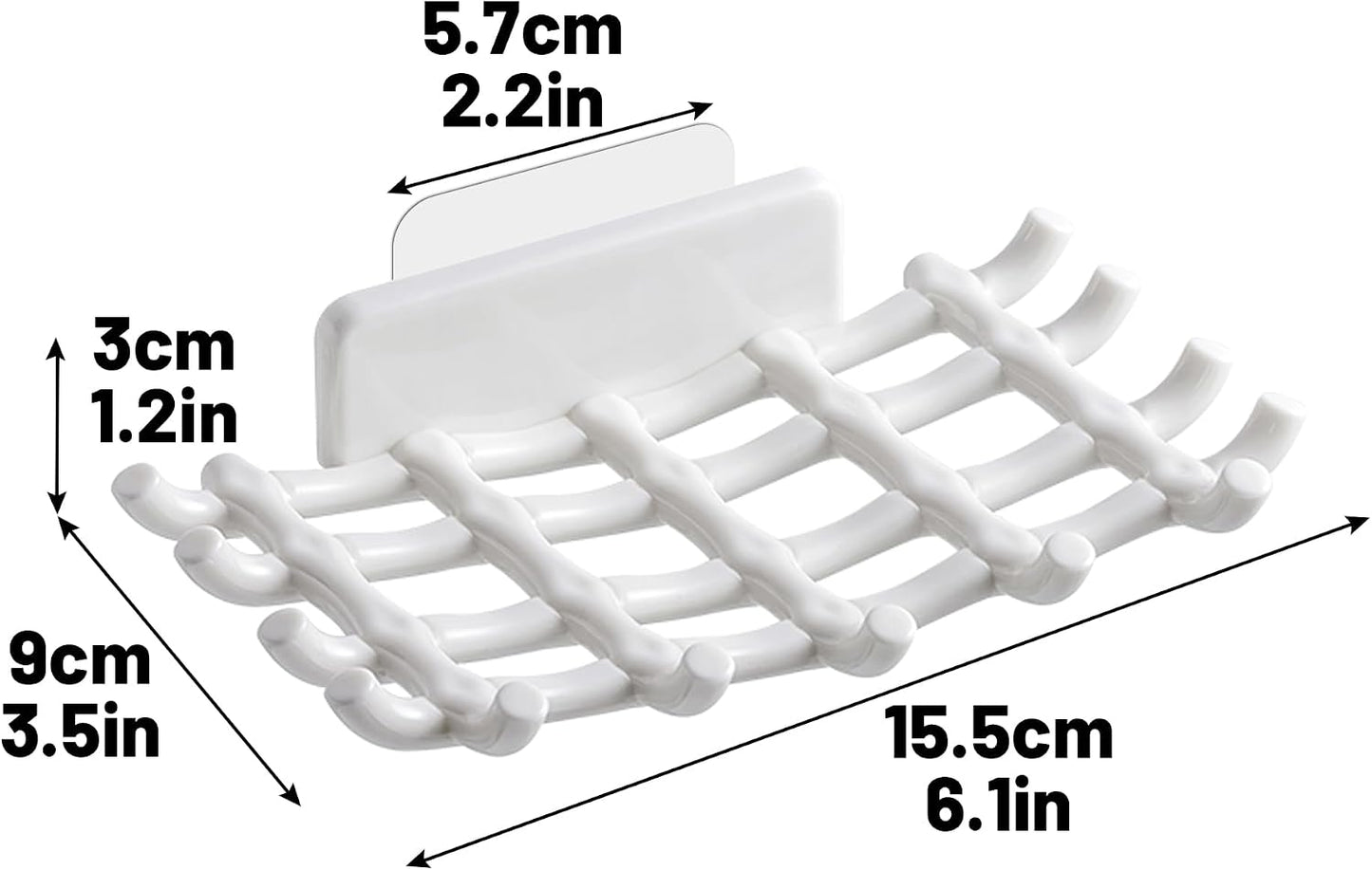 Shower Soap Holder for Wall, Adhesive Bar Soap Dish with Self Draining Grid, Side Hooks and No Drilling Mount, Black, 2 Pack