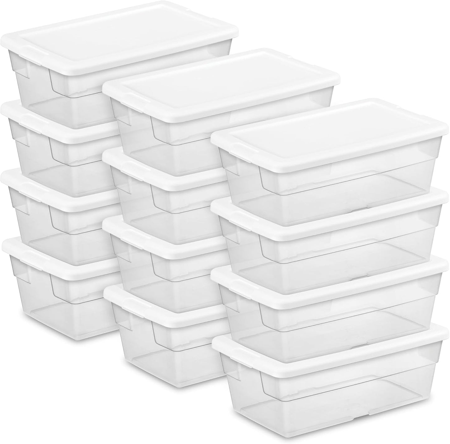 Sterilite 6 Pack Storage Box, 41 Quart Stackable Tote, Clear Plastic Container with Secure Snapping White Lids for Home and Office Organization