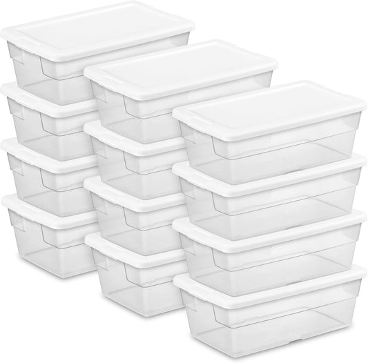 Sterilite 6 Pack Storage Box, 41 Quart Stackable Tote, Clear Plastic Container with Secure Snapping White Lids for Home and Office Organization