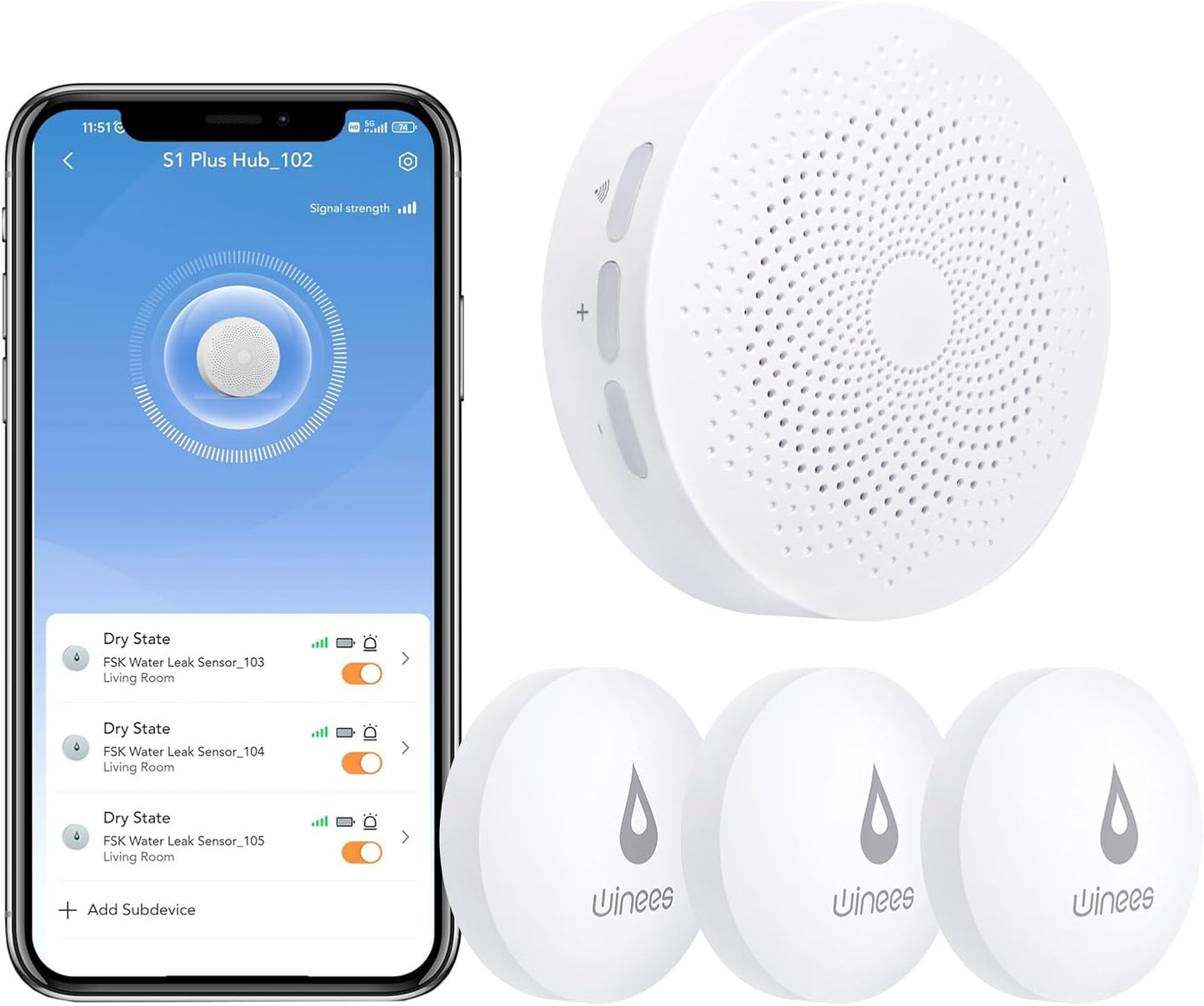 Winees WiFi Water Leak Detector for Home, 3 Pack Water Sensors with 100dB Adjustable Alarm, Leak Alert Email&SMS Notification, 200M Transmission for Basement, Bathroom, Laundry, IFTTT, 2.4G WiFi Only