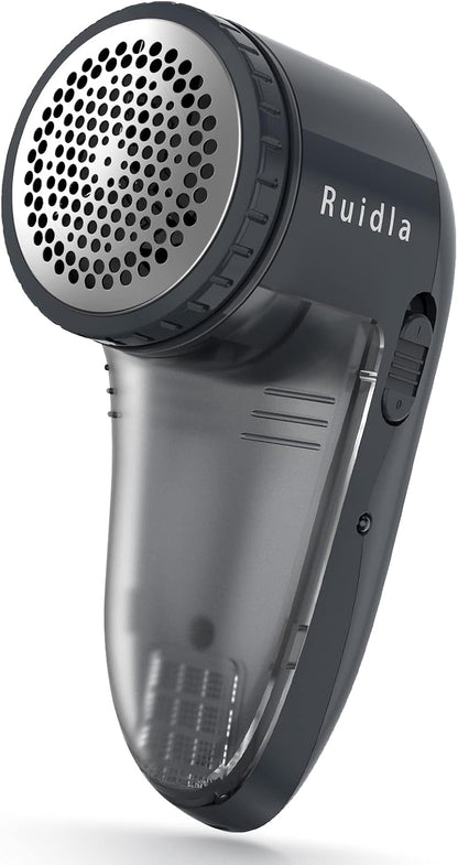 Ruidla Fabric Shaver Lint Shaver Defuzzer, Electric Lint Remover, Rechargeable Sweater Shaver with Replaceable Stainless Steel 3-Leaf Blades, Dual Protection, Removable Bin, (Micro-b Charging)