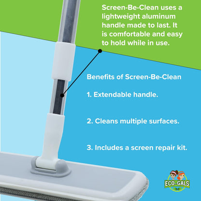 Eco-Gals Screen-Be-Clean All Purpose Screen Cleaner Brush, Duster, Window Squeegee Tool Kit for Wet and Dry Use on Glass Windows, Mesh Screens, and Pet Hair Remover. Plus Bonus Screen Repair Kit
