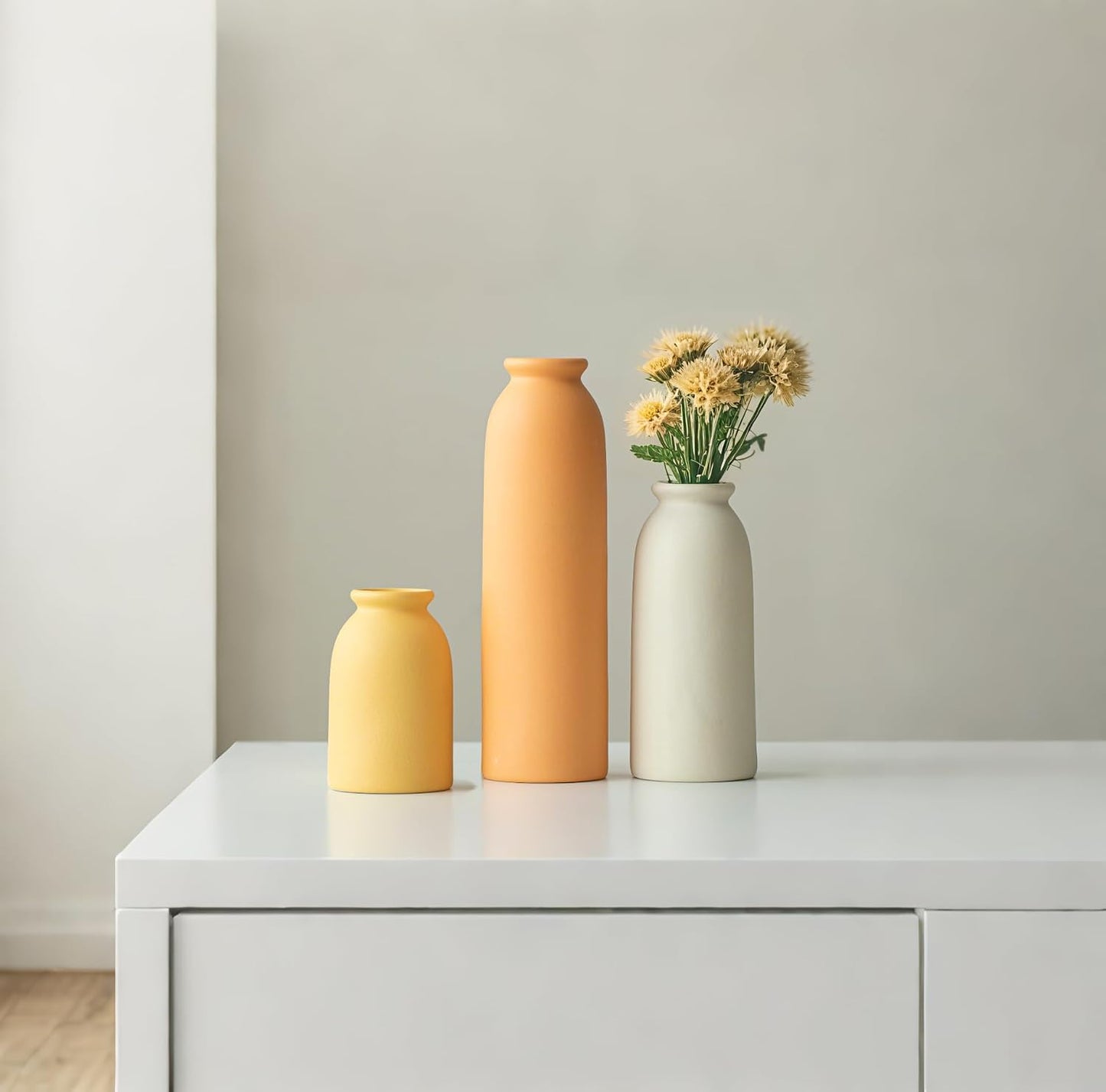 Ceramic Vase Set-3, Small Flower Vases for Decor, Modern Boho Farmhouse Style, Decorative Vases for Pampas Grass & Dried Flowers, Distressed Finish (Beige)