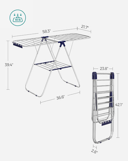 SONGMICS Clothes Drying Rack, with Sock Clips, Metal Laundry Rack, Foldable, Space-Saving, Free-Standing Airer, with 2 Height-Adjustable Gullwings, Indoor Outdoor Use, Gray ULLR052G01