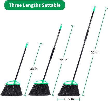 2 Pack Heavy Duty Brooms, 55" Long Handle Angle Broom Set | Indoor Outdoor, Household Commercial Floor Cleaning, for Sweeping Home, Kitchen, Deck, Garage, Patio - Green