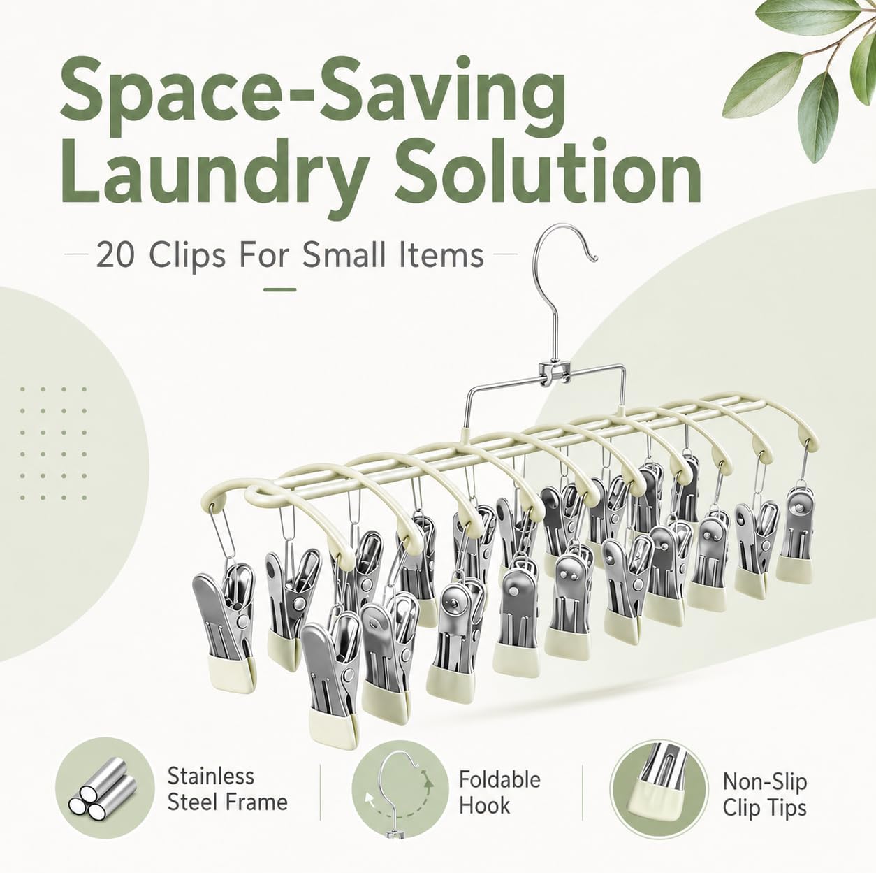 Sock Drying Rack with 20 Clips, Stainless Steel Laundry Hanger for Underwear, Space-Saving Clothes Airer with Foldable Hook, Non-Slip Clip Organizer Drying Station for Small Items